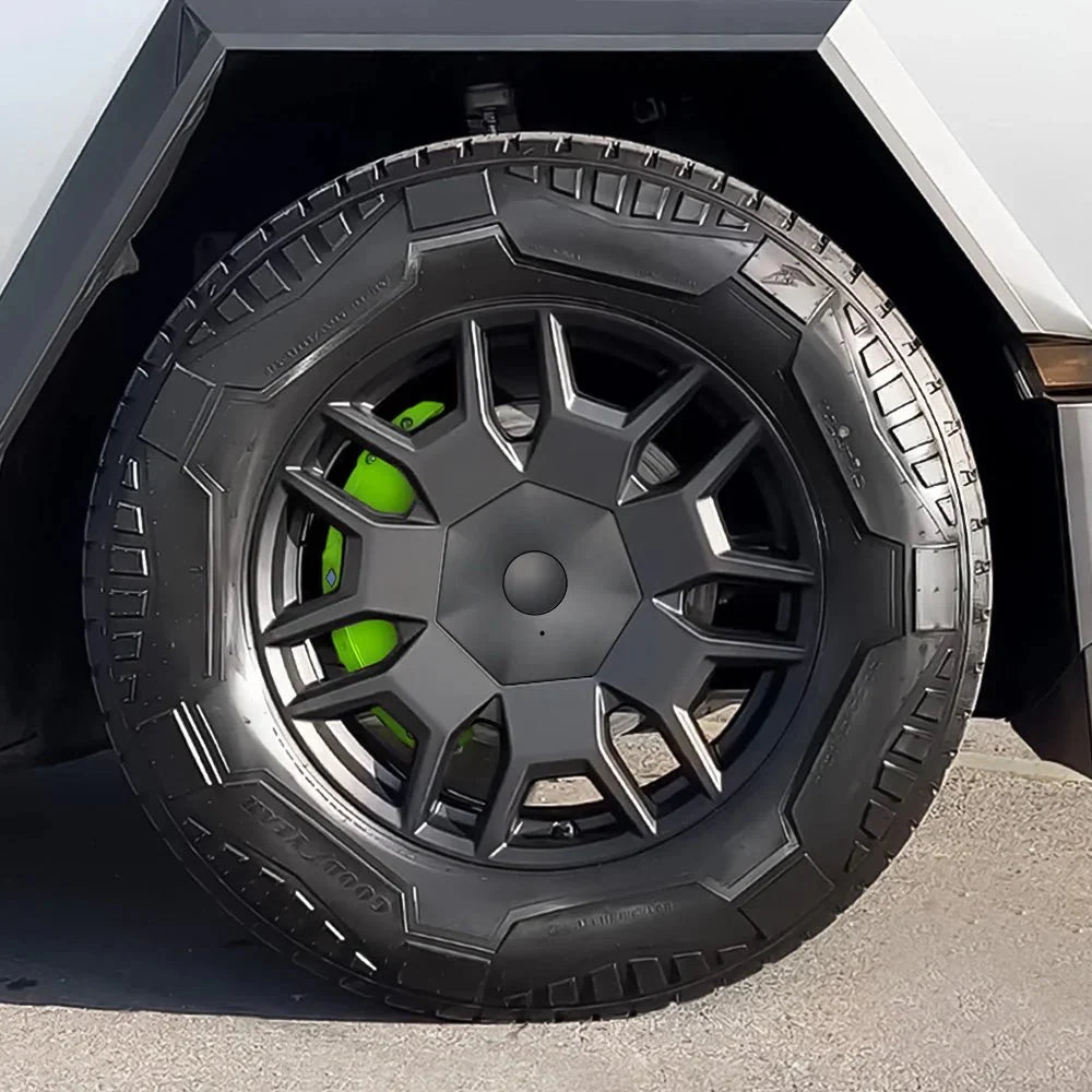 Set of four Tesery Cybertruck brake caliper covers, sleek black exterior with branding details, designed for Tesla Cybertruck.