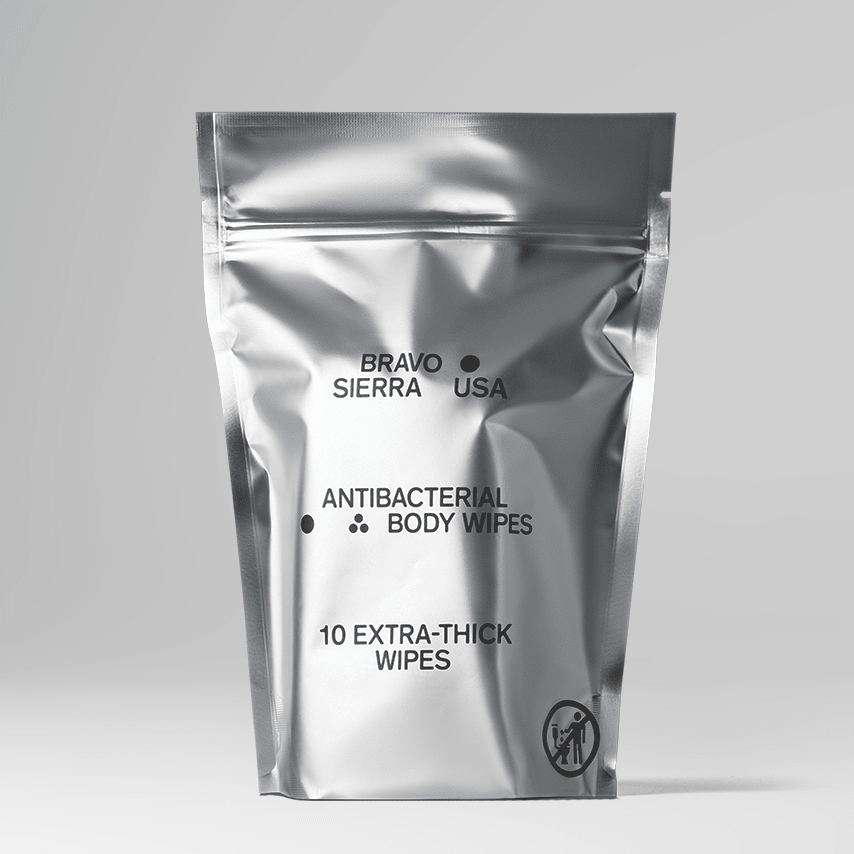 Bravo Sierra antibacterial body wipes showing individual packaged wipes with fresh, clean design for personal hygiene.