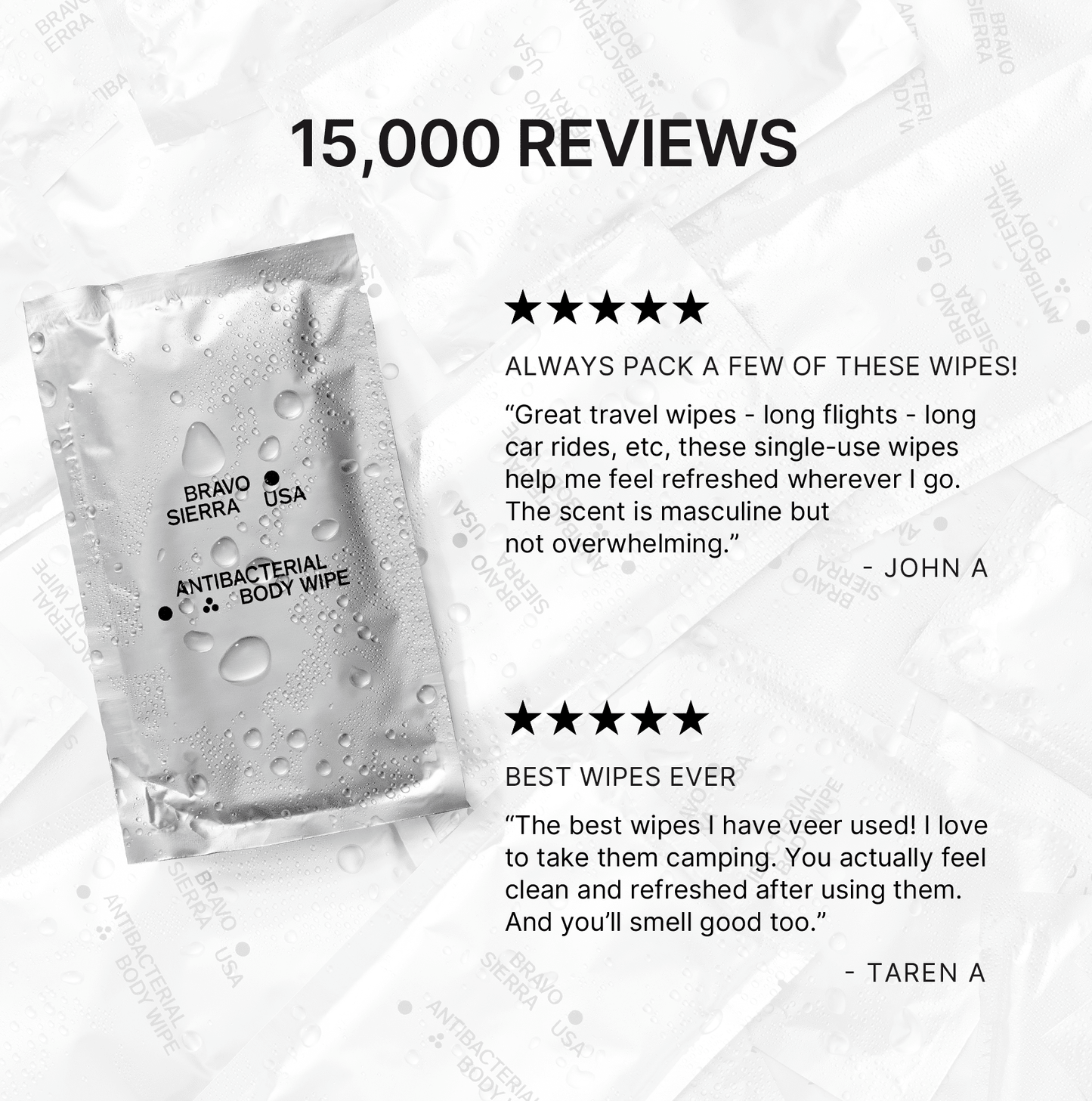 Bravo Sierra antibacterial body wipes, portable body wipes for cleansing and refreshing skin on the go.