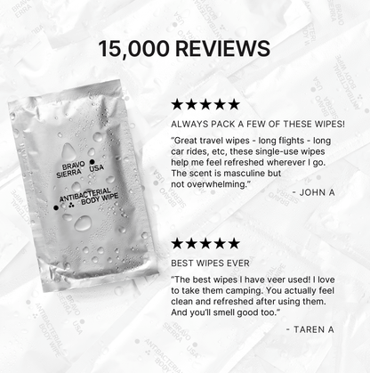 Bravo Sierra antibacterial body wipes, portable body wipes for cleansing and refreshing skin on the go.