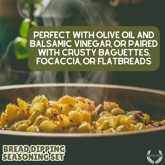 Assorted Gustus Vitae bread dipping seasonings in a 6-pack collection, featuring various flavorful spice blends and herbs.