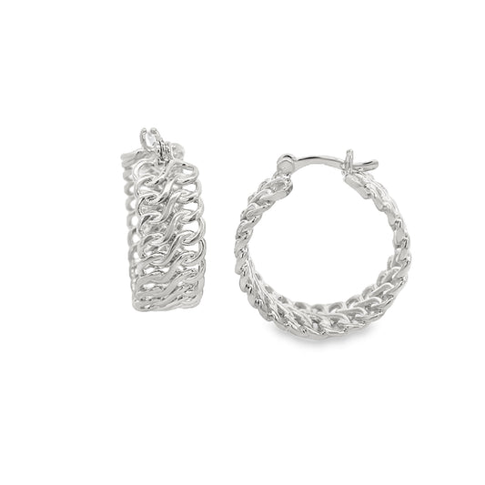 18K rhodium-filled infinity twisted braided hoop earrings by MIA Jewelry, showcasing a polished silver finish and intricate design.