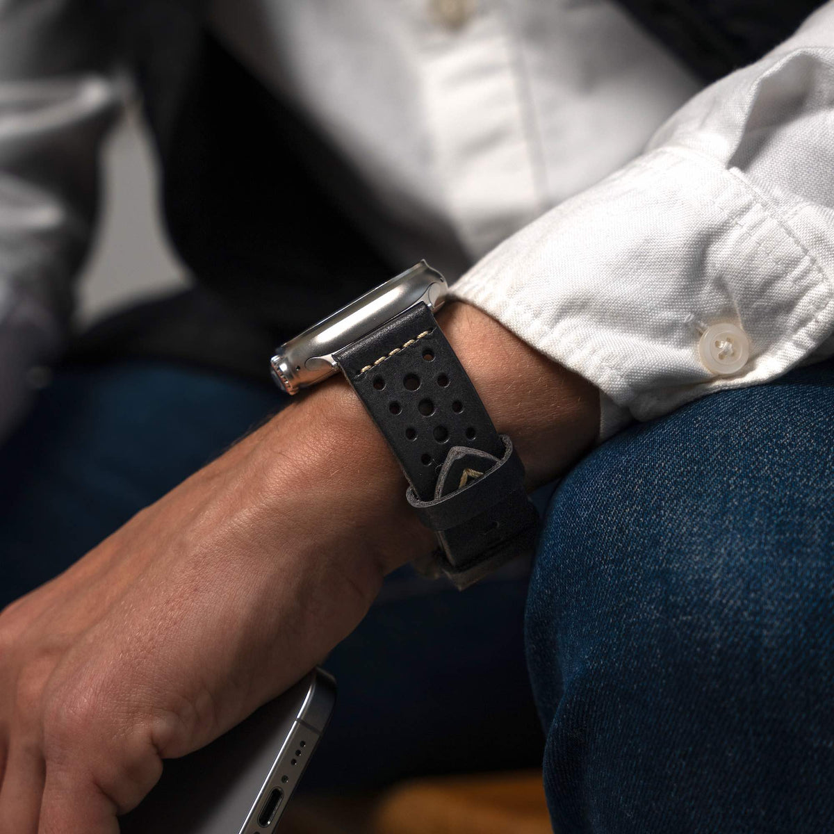 Robust racing leather strap with detailed stitching and sturdy buckle, designed for racing watches.