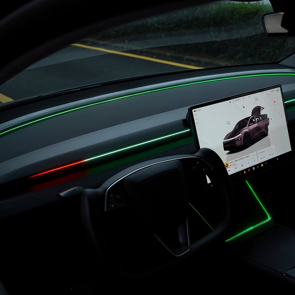 TESERY NeuroLight Model 3/Y dashboard RGB ambient lighting with integrated BSD system and OEM screen control, for Tesla vehicles