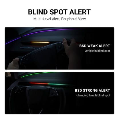 TESERY NeuroLight RGB ambient dashboard lighting with BSD system for Model 3/Y, shown on the integrated OLED screen.