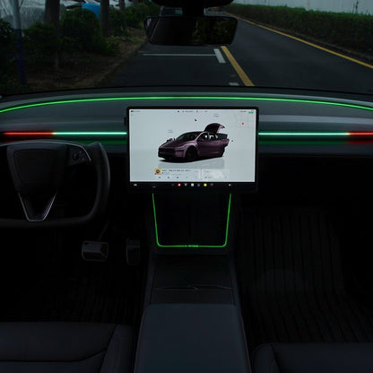 TESERY NeuroLight RGB ambient dashboard lighting for Tesla Model 3/Y with integrated BSD system and OEM screen control.