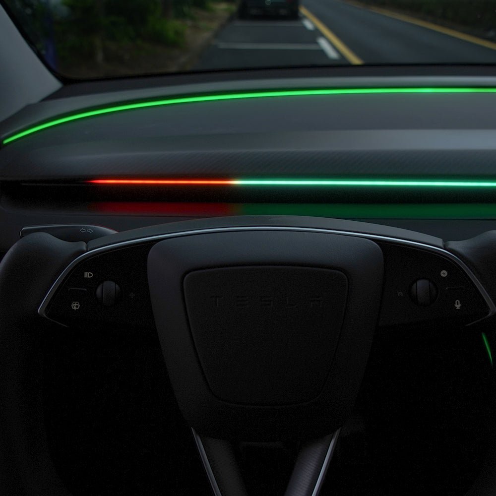 TESERY NeuroLight Model 3/Y dashboard RGB ambient lighting with integrated BSD system and OEM screen control for Tesla vehicles.