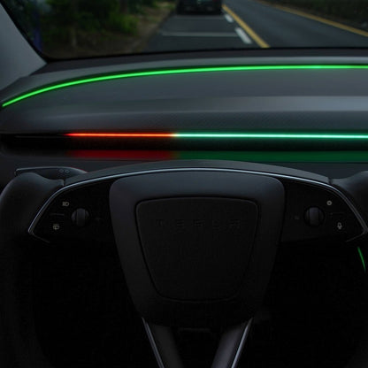 TESERY NeuroLight Model 3/Y dashboard RGB ambient lighting with integrated BSD system and OEM screen control for Tesla vehicles.