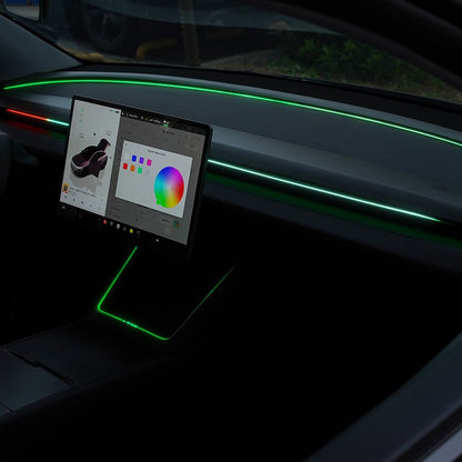 TESERY NeuroLight Model 3/Y dashboard RGB ambient lighting with integrated BSD system and OEM screen control.
