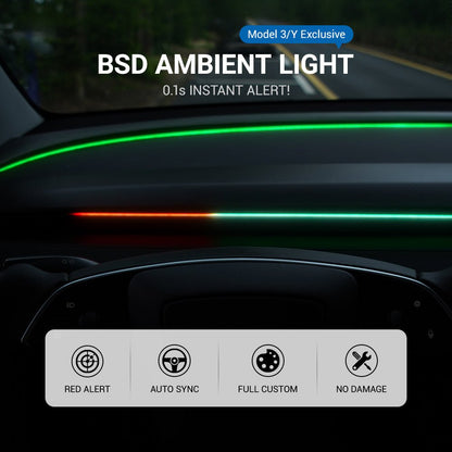 TESERY NeuroLight RGB ambient dashboard lighting for Tesla Model 3/Y with integrated BSD system and OEM screen control.