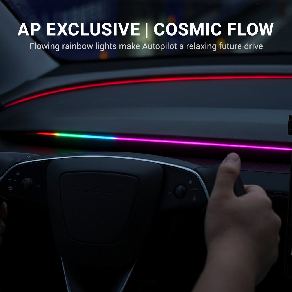 Tesla Model 3/Y interior ambient lighting with RGB colors, integrated BSD system display and dashboard lighting by TESERY.