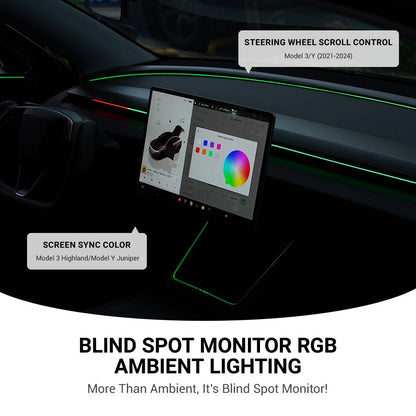 Tesla Model 3/Y dashboard RGB ambient lighting with integrated BSD system and OEM screen control by TESERY NeuroLight.