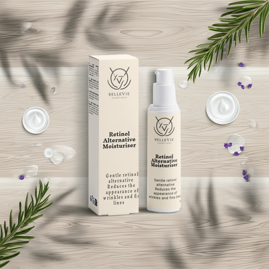 Cream jar labeled Retinol Alternative Moisturiser by BelleVie Cosmétiques, featuring smooth, hydrating, and renewing skincare benefits.