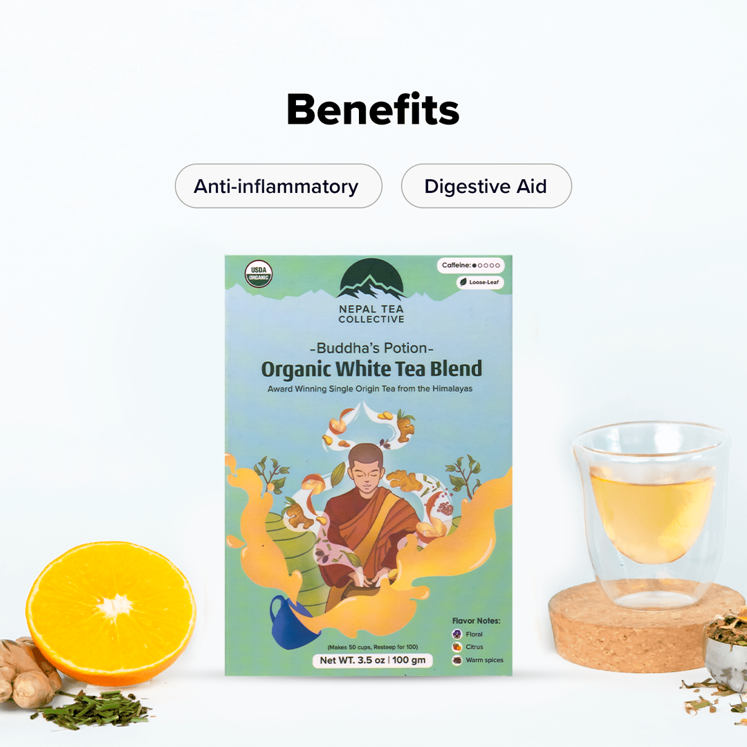 Organic Buddha's Potion blend by Nepal Tea, featuring a colorful herbal tea blend in a glass jar with fresh herbs and flowers.
