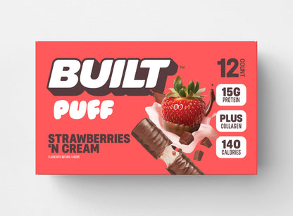Built Strawberries 'N Cream Puff bar with creamy filling and fresh strawberry flavor, displayed on a white background.