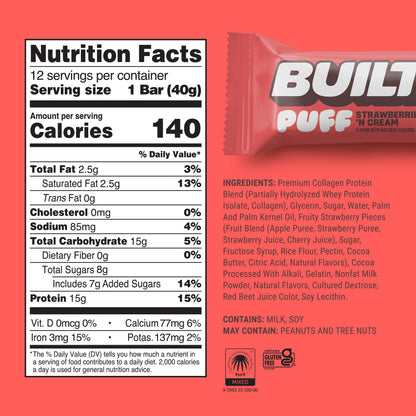BUILT Strawberries 'N Cream Puff bar stacked, showing creamy filling and fresh strawberry flavor in a snack bar.