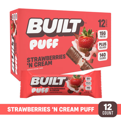 Built Strawberries 'N Cream Puff bar with creamy filling and fresh strawberry pieces, stacked in a sleek wrapper.