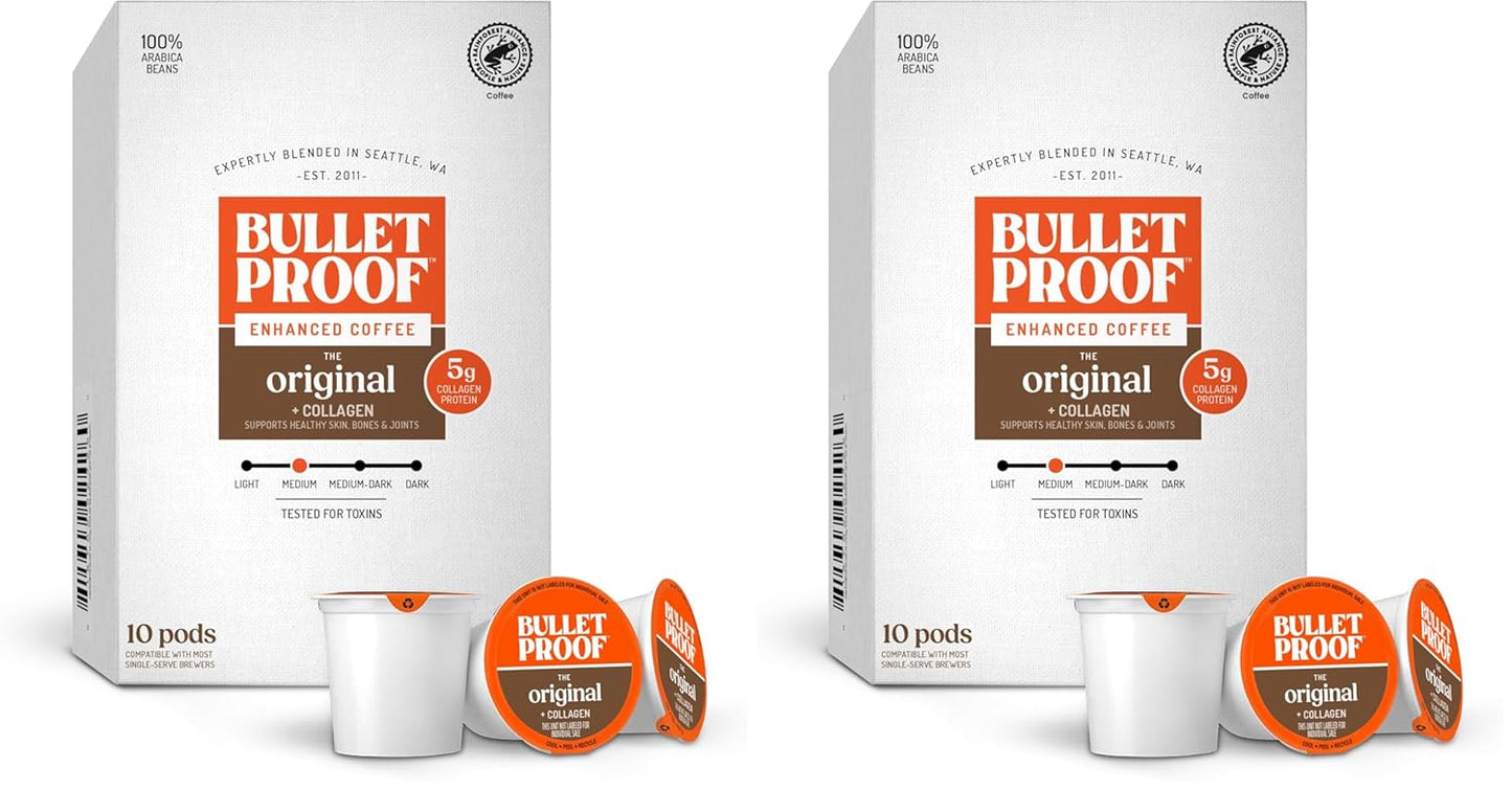 Bulletproof The Enlightener coffee pods, 24 count, medium-dark roast with L-Theanine, Panax Ginseng, Gingko Biloba for mental clarity.