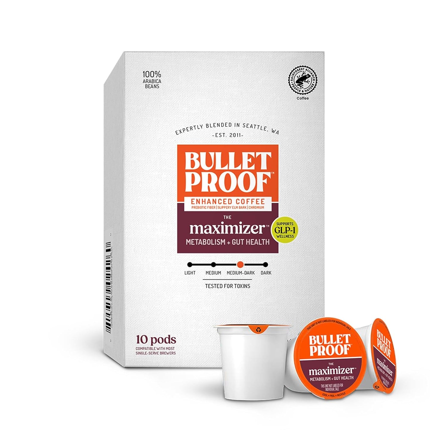 Bulletproof The Enlightener coffee pods, 24 count, medium-dark roast with L-Theanine, Ginseng, and Ginkgo for mental clarity and focus.