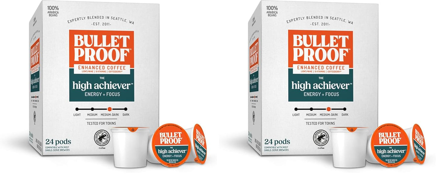 Bulletproof The Enlightener Coffee Pods, 24 count, medium-dark roast with L-Theanine, ginseng, and Ginkgo Biloba for mental focus and clarity.