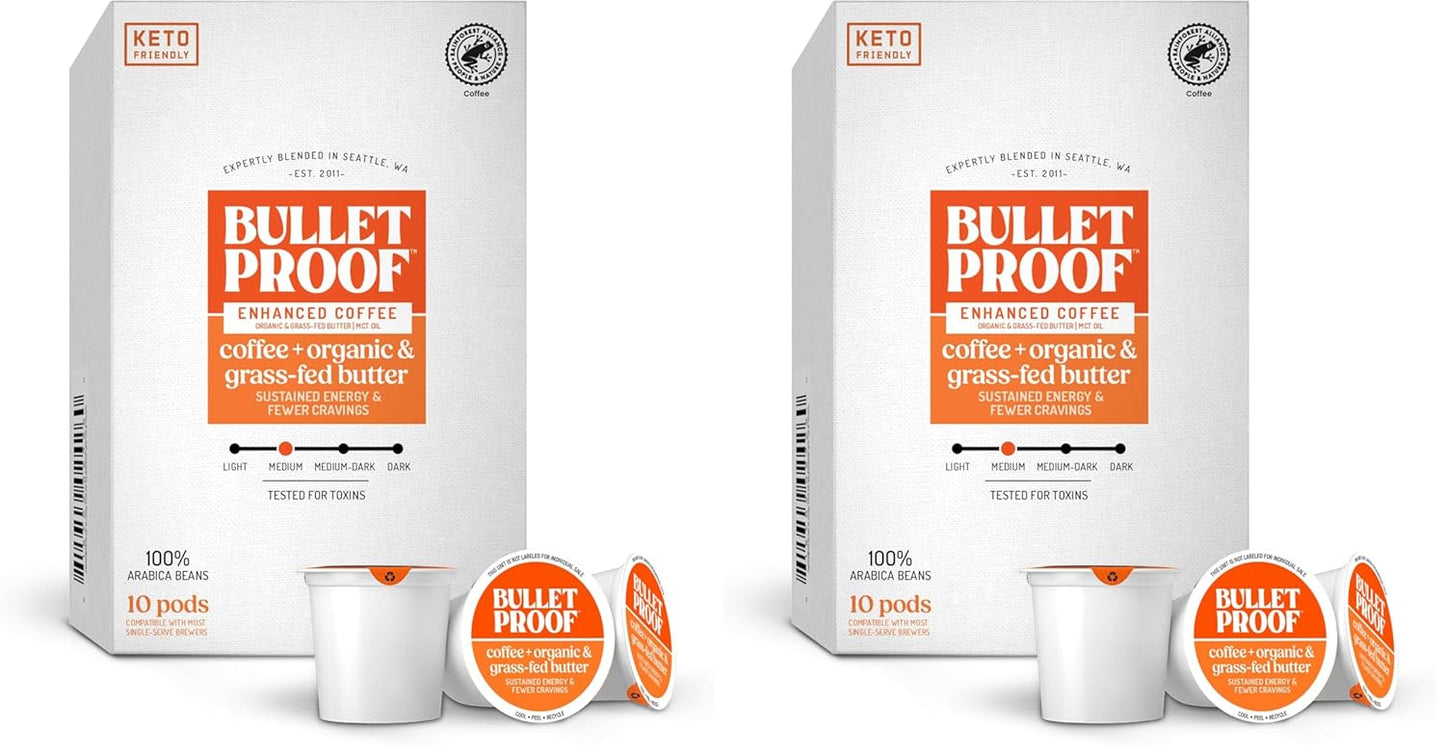 Bulletproof The Enlightener coffee pods, 24 count, medium-dark roast with L-Theanine, Panax Ginseng, Gingko Biloba for mental clarity.