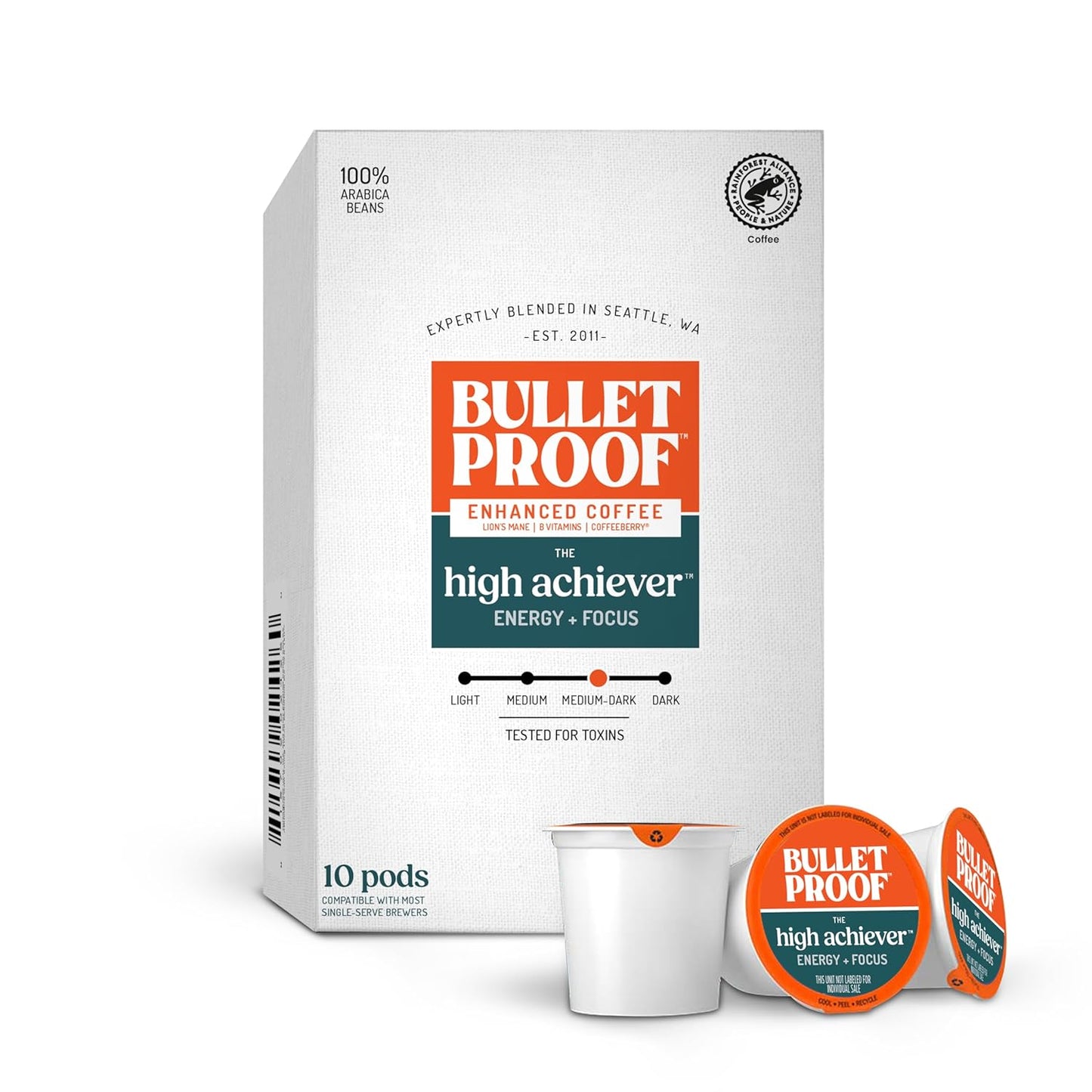 Bulletproof The Enlightener Coffee Pods, 24 count, medium-dark roast with L-Theanine, Panax Ginseng, Gingko Biloba for mental clarity.