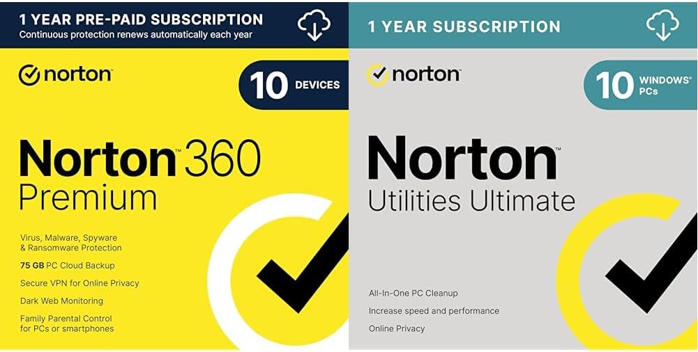 Bundle - Norton 360 Premium, for 10 Devices - Includes VPN, Cloud Backup & Dark Web Monitoring [Download] + Norton Utilities Ultimate – cleans and speeds up your PC, Windows PCs only [Download] - BACKUPMYFILESNOW