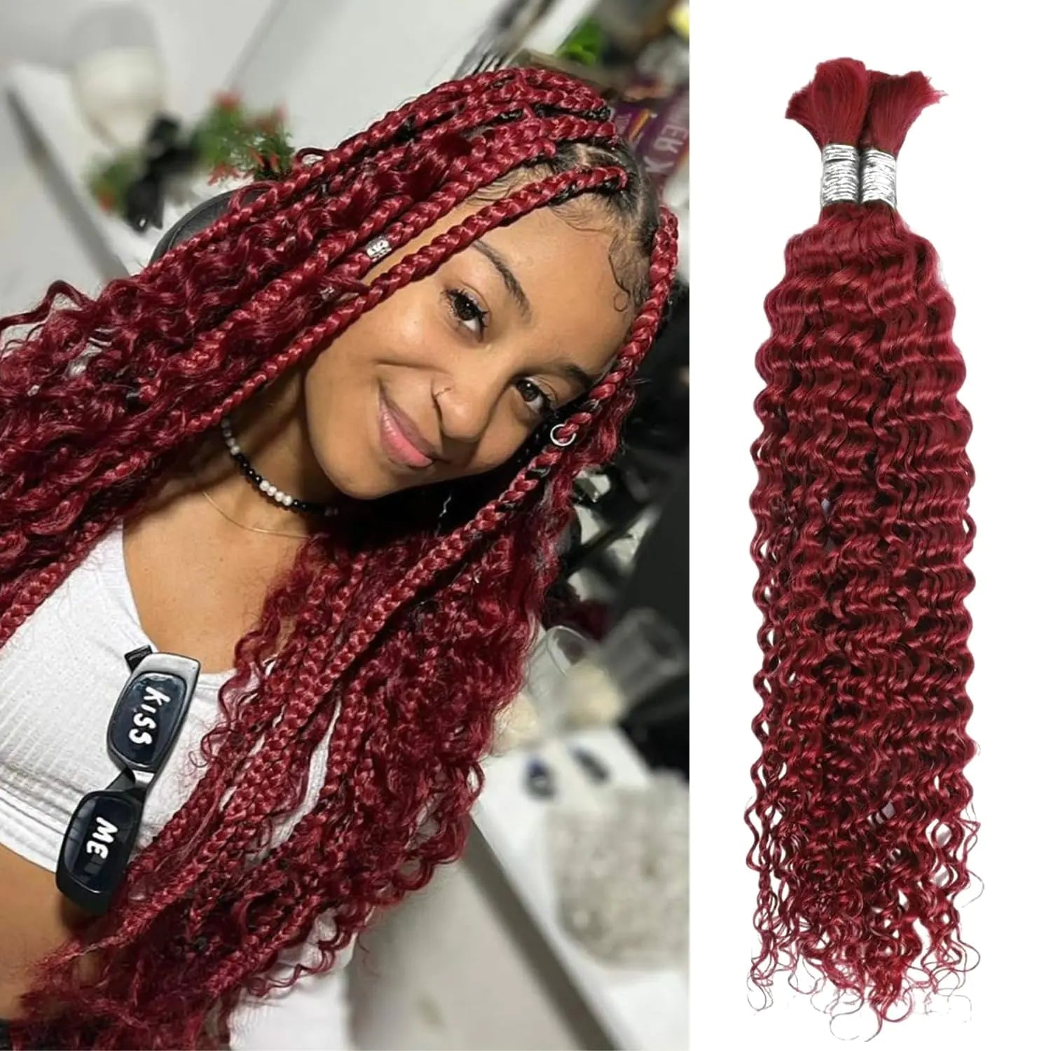 Burgundy 24 Inch Human Braiding Hair 100g Deep Wave Bulk Human Hair for Braiding No Weft Brazilian Virgin Human Hair Bundles Curly Human Hair Extensions for Boho Braids Wet and Wavy Bundles - BACKUPMYFILESNOW