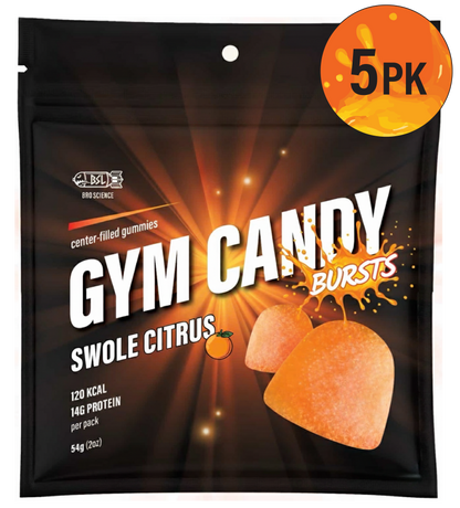 Gain Gummies Gym Candy Bursts in a colorful container, featuring vibrant, fruit-flavored gummy candies.
