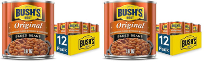 Cans of Bush's Best Original Baked Beans, 16 oz, showing labels highlighting plant-based protein, fiber, low fat, gluten-free, pack of 12.