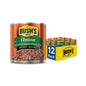 Cans of Bush's Best 16 oz Original Baked Beans, plant-based protein, fiber, low fat, gluten-free, shown in a pack of 12