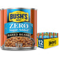 Bush's Best 16 oz canned original baked beans in a pack of 12, showing beans in tomato sauce, gluten-free and plant-based protein source.