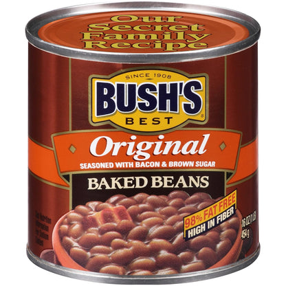 Canned Bush's Best original baked beans in 16 oz cans, source of plant-based protein and fiber, gluten-free, low-fat, pack of 12.