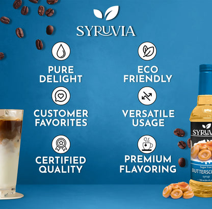 Sugar-free butterscotch syrup in a bottle, ideal for coffee and desserts, by Syruvia, with a rich butterscotch color.