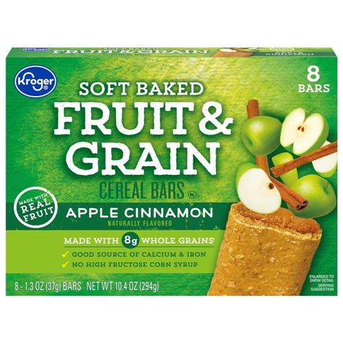 ByBies Kroger Fruit & Grain Apple & Cinnamon Cereal Bars, 8-pack breakfast snack with apple and cinnamon flavor.