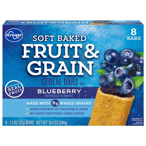 ByBies Kroger Blueberry Breakfast Bars, fruit and grain cereal bars in a pack of 8, with visible blueberries and crunchy texture.