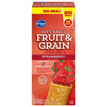 Kroger Soft Baked Fruit & Grain Strawberry Cereal Bar by ByBies, packaged snack with visible strawberry and grain textures.