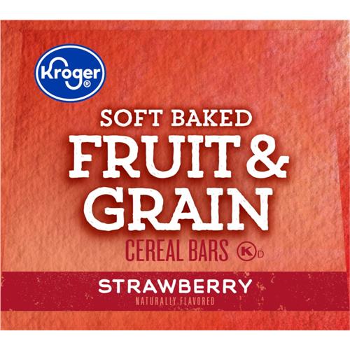 Kroger Soft Baked Fruit & Grain Strawberry Cereal Bar byByBies, 46.8 oz, close-up of the packaged breakfast cereal bar with strawberry flavor