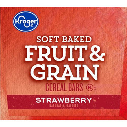 Kroger Soft Baked Fruit & Grain Strawberry Cereal Bar by Bies, packaged breakfast and cereal snack with strawberry flavor.