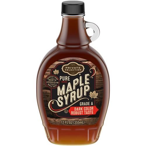 ByBies Private Selection Grade A dark maple syrup in a 12 fl oz bottle, ideal for breakfast and cereal topping.