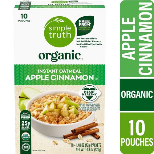 Simple Truth Organic Apple Cinnamon Instant Oatmeal by Bbies in a 10-pack, showing individual oatmeal packets with apple and cinnamon flavor.