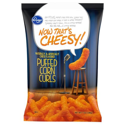 ByBies Cheesy Puffed Corn Curls Chips in 7 oz package, crispy snack with cheesy flavor, from Kroger brand.