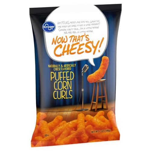 ByBies Kroger Cheesy Puffed Corn Curls Chips in 7 oz bag, crispy snack with cheesy flavor, for candy and chocolate lovers