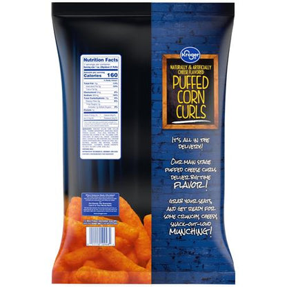 ByBies Kroger Cheesy Puffed Corn Curls Chips 7 oz, crunchy cheesy snack in colorful packaging, ideal for snacking or sharing.