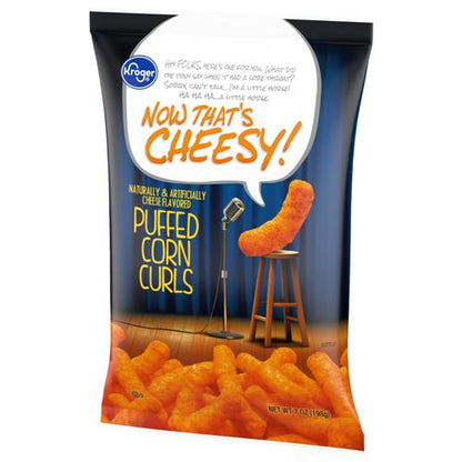 ByBies Kroger Cheesy Puffed Corn Curls Chips 7 oz, crispy snack with cheesy flavor, shown in a colorful packaging image