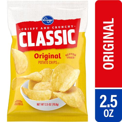 Kroger Classic Original Potato Chips by ByBies in 2.5 oz bag, crispy snack with golden potato chips in a clear bag.