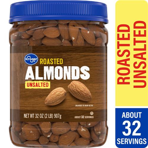 Kroger Roasted Unsalted Almonds by ByBies in 32 oz pack, whole almonds ideal for snacking or baking.