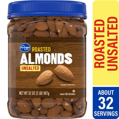 Kroger Roasted Unsalted Almonds by ByBies in 32 oz pack, whole almonds ideal for snacking or baking.