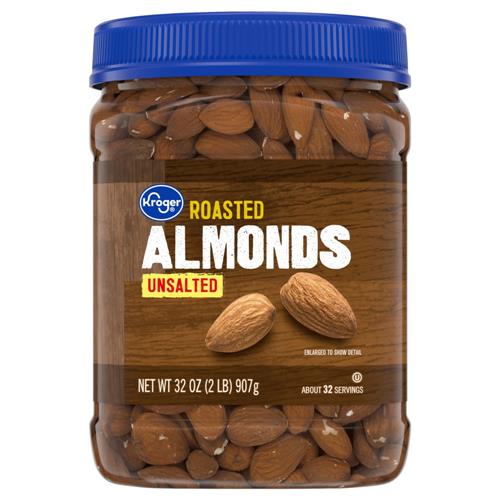 Kroger Roasted Unsalted Almonds by ByBies in 32 oz package, shown in a clear image of crunchy, golden almonds.