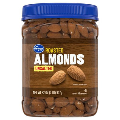 Kroger Roasted Unsalted Almonds by ByBies in 32 oz package, shown in a clear image of crunchy, golden almonds.